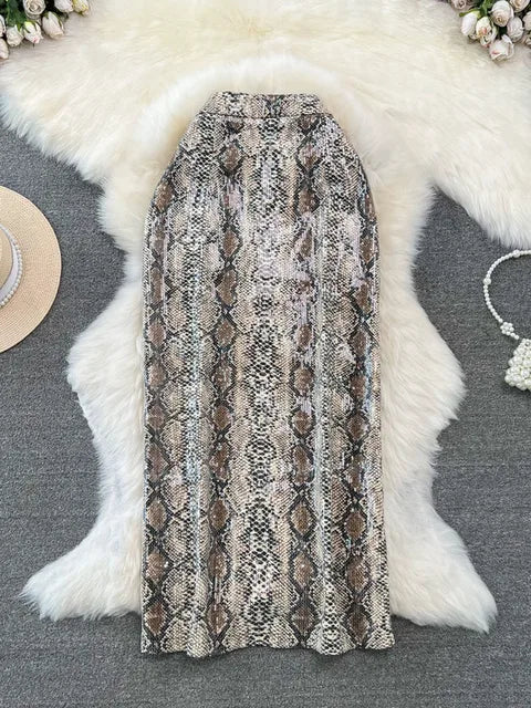 Print PU Leather Skirts For Women High Waist Mid Length Elegant Skirt Female