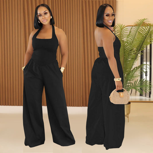 Loose Backless Halter Solid Color Jumpsuit for Women
