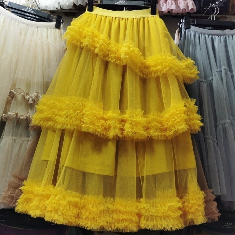Multi-layer Fungus Edge Stitching Mesh Skirts Women Korean Version Elastic Waist Irregular Female Cake Skirts Yellow Color