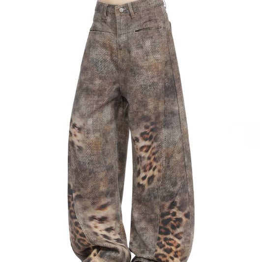 Leopard Print Knife Cut Denim Pants for Women