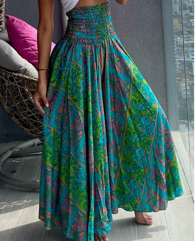 Women's Long Skirt Beach Boho Print Skirts for Women Summer Casual Elastic High Waist Big Swing Maxi Skirts Vacation Robe