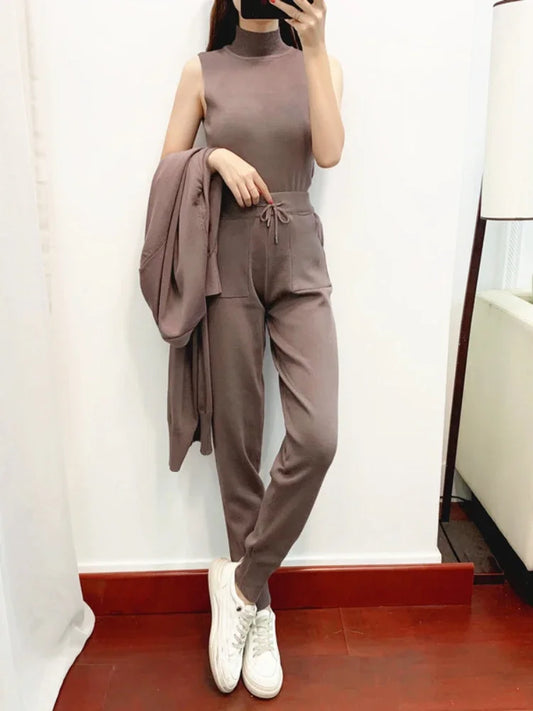 3 Piece Sets Womens Outifits Autumn Casual Solid Knit Suit Cardigan Vest Pants Sets Matching Sets Korean Fashion Womens Clothing