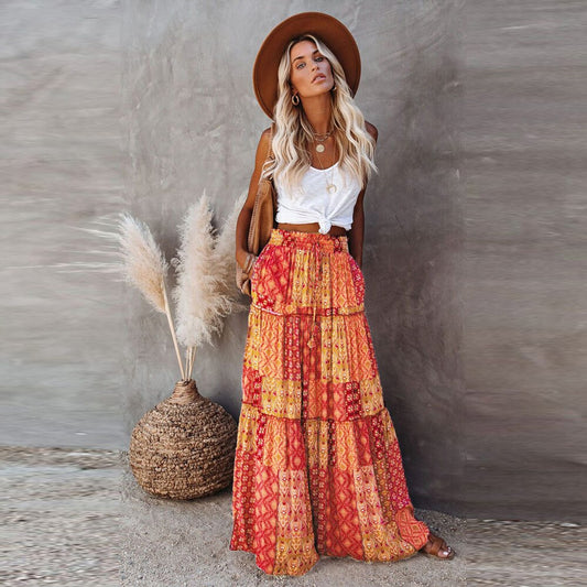 New Bohemian Skirts Casual High Waist Printing Maxi Skirts Ruffled Chic Style Holiday Skirts A-line Long Pleated Skirt