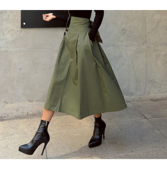 Skirts Womens Korean Fashion Solid Color Big Swing Ladies Skirt Long Skirt Autumn Wild High Waist Bow Slim Skirts