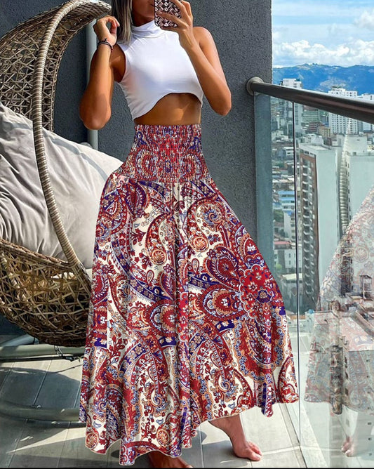 Women's Long Skirt Beach Boho Print Skirts for Women Summer Casual Elastic High Waist Big Swing Maxi Skirts Vacation Robe