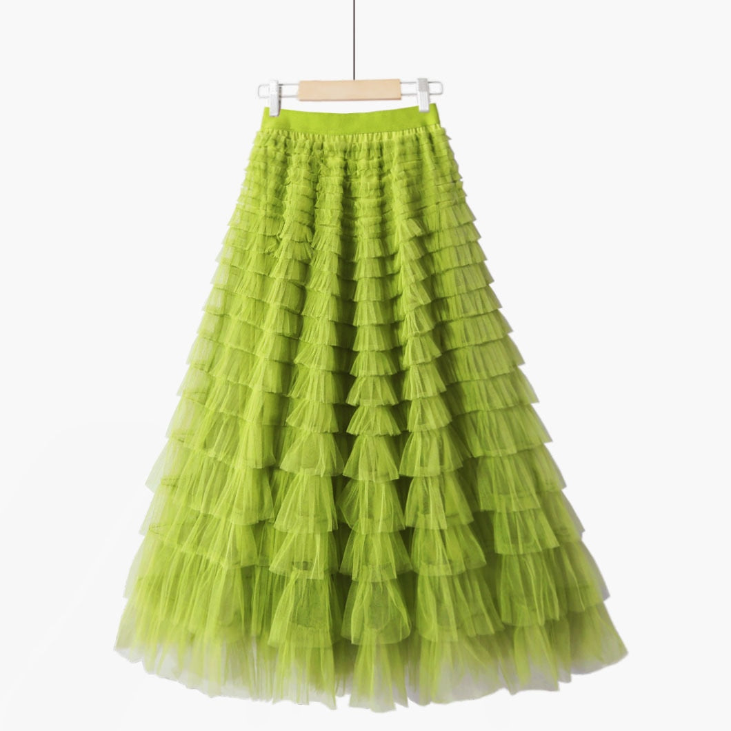Multilayer Tulle Long Skirts Womens Spring Summer Korean Style Solid High Waist A-Line Tutu Skirt Female Mesh Pleated Maxi Skirt