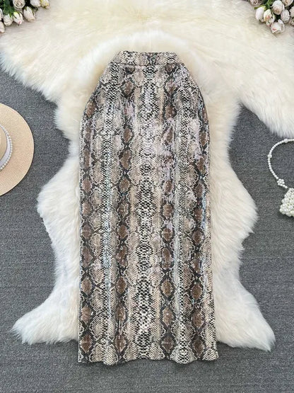 Print PU Leather Skirts For Women High Waist Mid Length Elegant Skirt Female