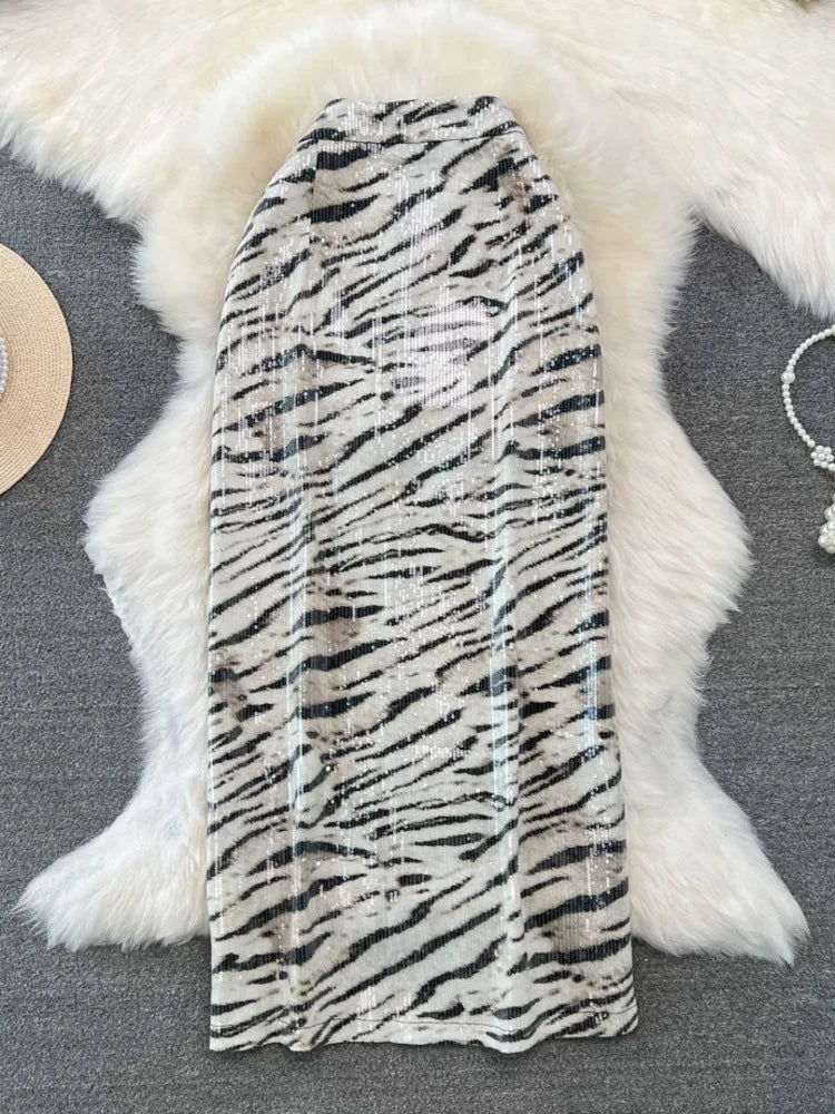 Print PU Leather Skirts For Women High Waist Mid Length Elegant Skirt Female