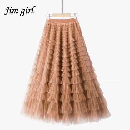 Multilayer Tulle Long Skirts Womens Spring Summer Korean Style Solid High Waist A-Line Tutu Skirt Female Mesh Pleated Maxi Skirt