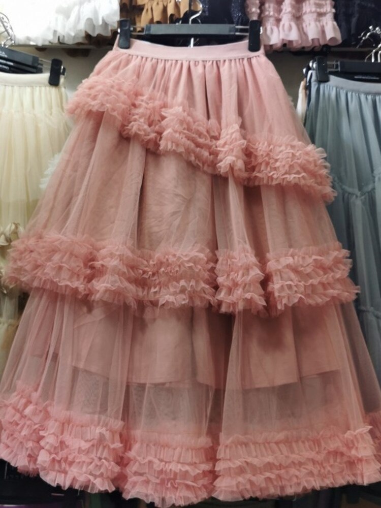 Multi-layer Fungus Edge Stitching Mesh Skirts Women Korean Version Elastic Waist Irregular Female Cake Skirts Yellow Color