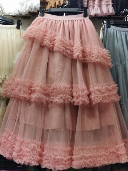 Multi-layer Fungus Edge Stitching Mesh Skirts Women Korean Version Elastic Waist Irregular Female Cake Skirts Yellow Color
