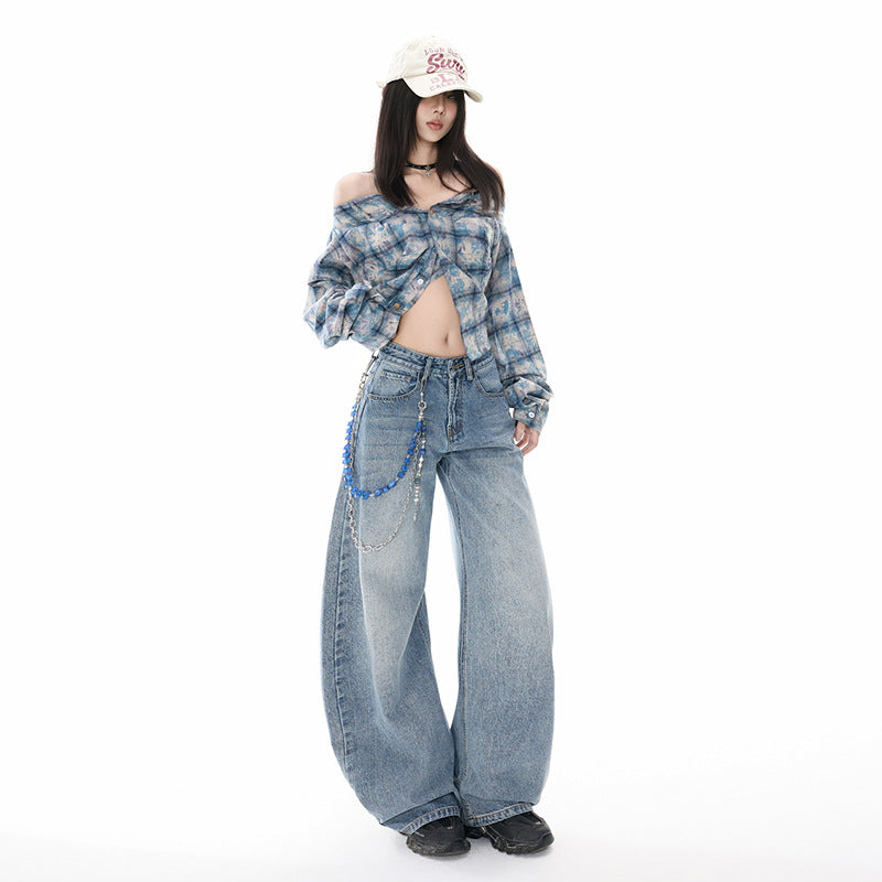 Retro Oversized Knife-Edge Denim Pants for Women