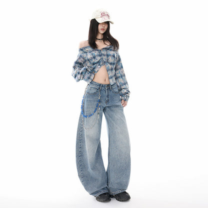 Retro Oversized Knife-Edge Denim Pants for Women