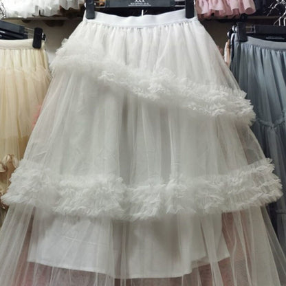 Multi-layer Fungus Edge Stitching Mesh Skirts Women Korean Version Elastic Waist Irregular Female Cake Skirts Yellow Color
