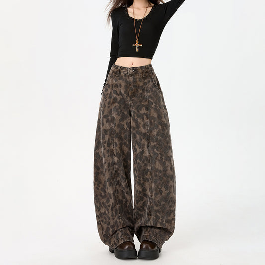 Leopard Print Knife Cut Jeans Women Pants