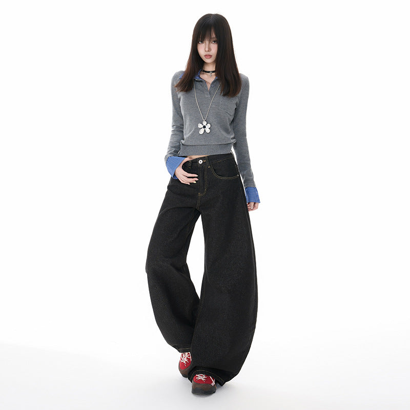 Retro Oversized Knife-Edge Denim Pants for Women