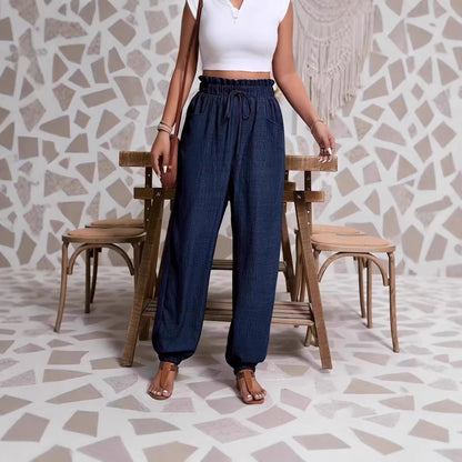 Elastic solid color pants for women
