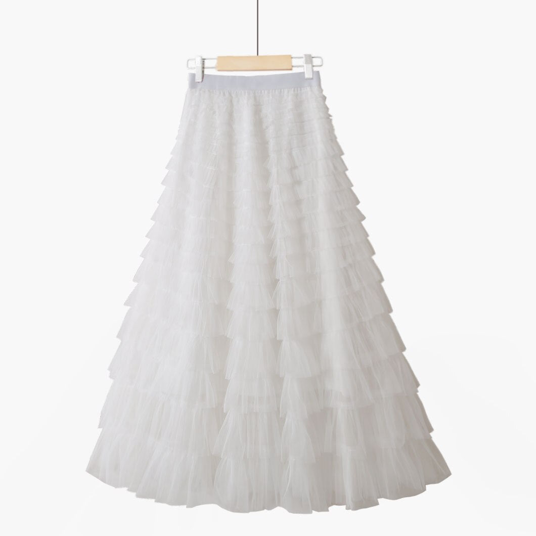 Multilayer Tulle Long Skirts Womens Spring Summer Korean Style Solid High Waist A-Line Tutu Skirt Female Mesh Pleated Maxi Skirt
