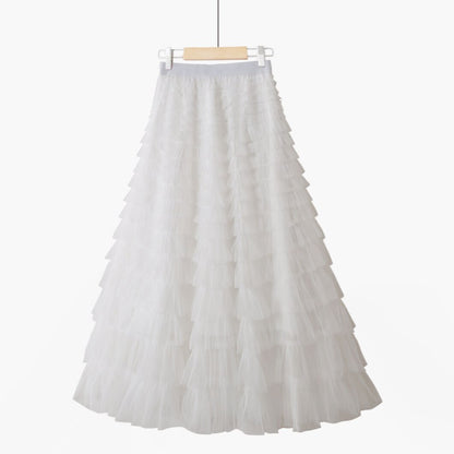Multilayer Tulle Long Skirts Womens Spring Summer Korean Style Solid High Waist A-Line Tutu Skirt Female Mesh Pleated Maxi Skirt