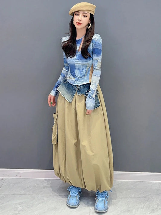 Denim Patchwork Skirt For Women Winter New Versatile Contrast Color Loose Big Pocket Ankle Length Skirts