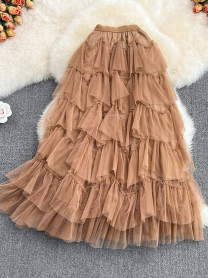 TIGENA Tutu Tulle Long Skirts Womens Spring Korean Solid A Line High Waist Mesh Tiered Maxi Skirt Female Faldas Aesthetic