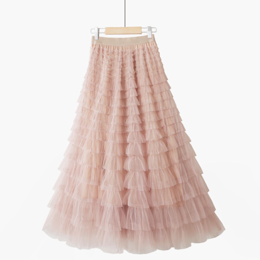 Multilayer Tulle Long Skirts Womens Spring Summer Korean Style Solid High Waist A-Line Tutu Skirt Female Mesh Pleated Maxi Skirt