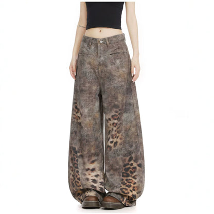 Leopard Print Knife Cut Denim Pants for Women