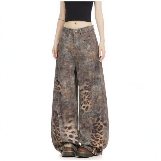 Leopard Print Knife Cut Denim Pants for Women