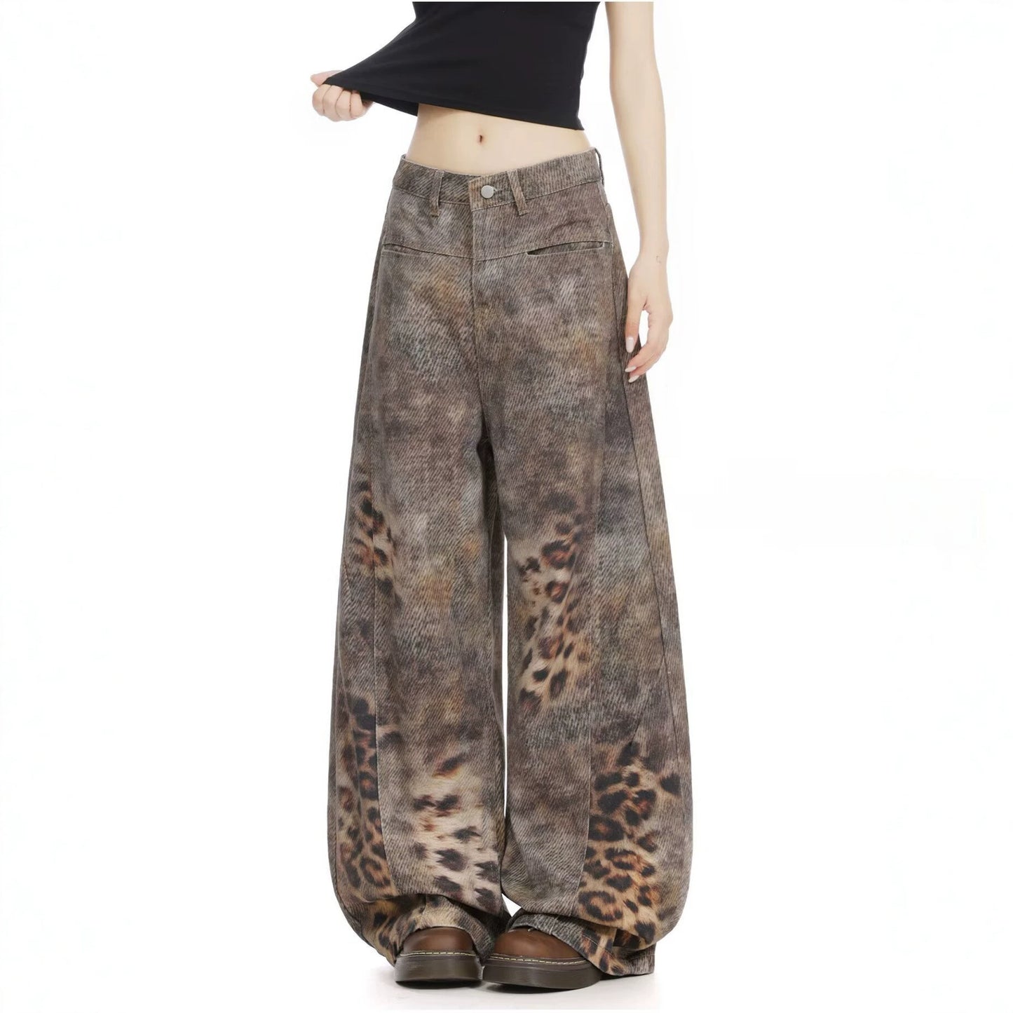 Leopard Print Knife Cut Denim Pants for Women