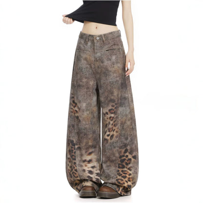 Leopard Print Knife Cut Denim Pants for Women