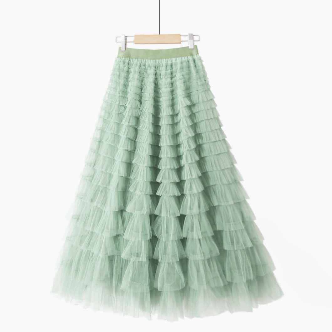Multilayer Tulle Long Skirts Womens Spring Summer Korean Style Solid High Waist A-Line Tutu Skirt Female Mesh Pleated Maxi Skirt