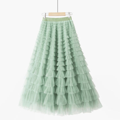 Multilayer Tulle Long Skirts Womens Spring Summer Korean Style Solid High Waist A-Line Tutu Skirt Female Mesh Pleated Maxi Skirt