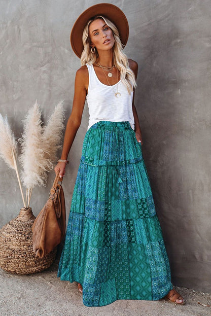 New Bohemian Skirts Casual High Waist Printing Maxi Skirts Ruffled Chic Style Holiday Skirts A-line Long Pleated Skirt