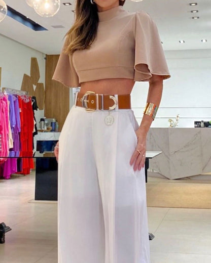 Summer Womens High Neck Flare Sleeves Sexy Cross Back Top Loose Wide Leg Pants Set for Women