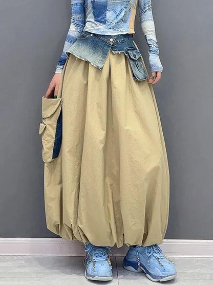 Denim Patchwork Skirt For Women Winter New Versatile Contrast Color Loose Big Pocket Ankle Length Skirts