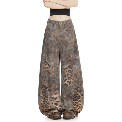 Leopard Print Knife Cut Denim Pants for Women