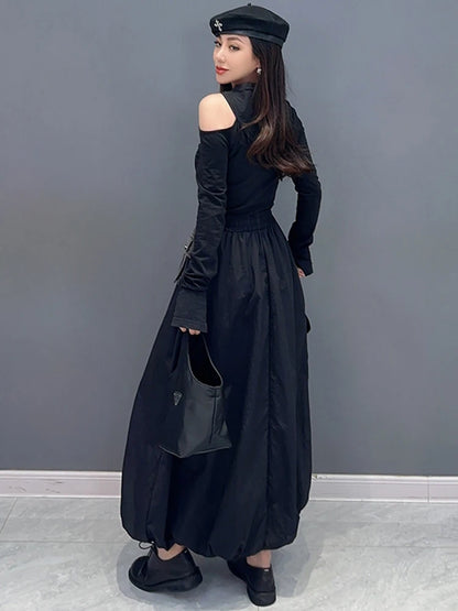 Denim Patchwork Skirt For Women Winter New Versatile Contrast Color Loose Big Pocket Ankle Length Skirts