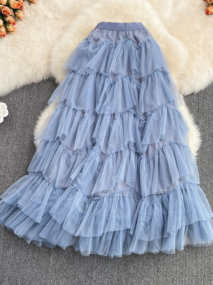 TIGENA Tutu Tulle Long Skirts Womens Spring Korean Solid A Line High Waist Mesh Tiered Maxi Skirt Female Faldas Aesthetic
