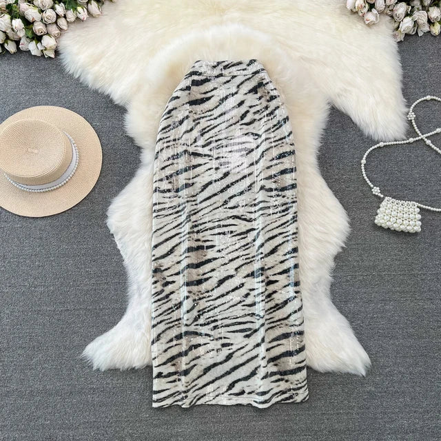 Print PU Leather Skirts For Women High Waist Mid Length Elegant Skirt Female