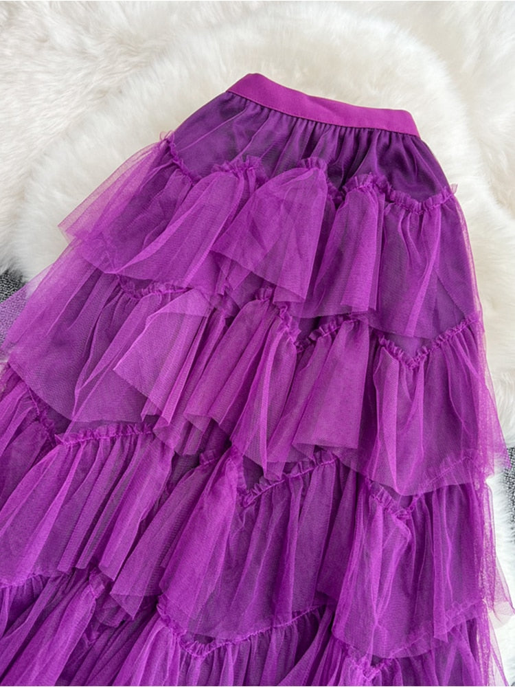 TIGENA Tutu Tulle Long Skirts Womens Spring Korean Solid A Line High Waist Mesh Tiered Maxi Skirt Female Faldas Aesthetic
