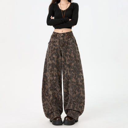 Leopard Print Knife Cut Jeans Women Pants