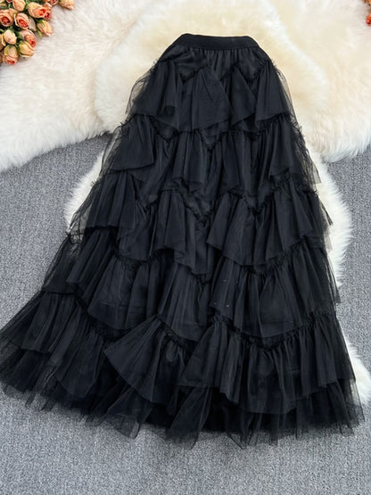 TIGENA Tutu Tulle Long Skirts Womens Spring Korean Solid A Line High Waist Mesh Tiered Maxi Skirt Female Faldas Aesthetic