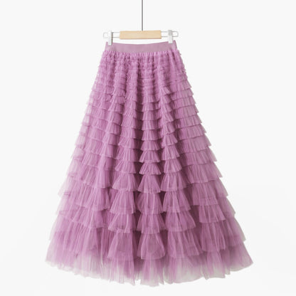 Multilayer Tulle Long Skirts Womens Spring Summer Korean Style Solid High Waist A-Line Tutu Skirt Female Mesh Pleated Maxi Skirt