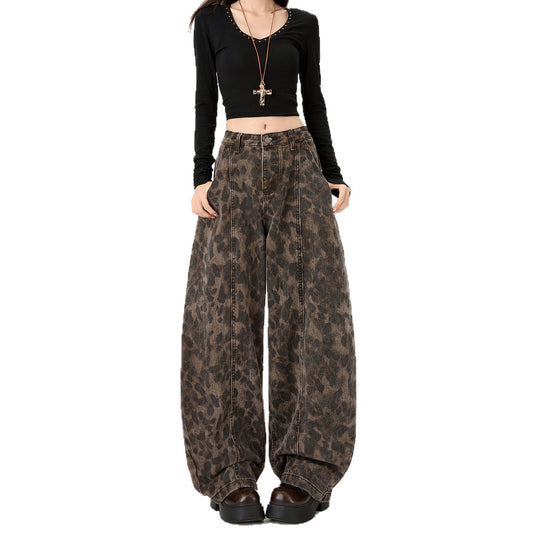 Leopard Print Knife Cut Jeans Women Pants
