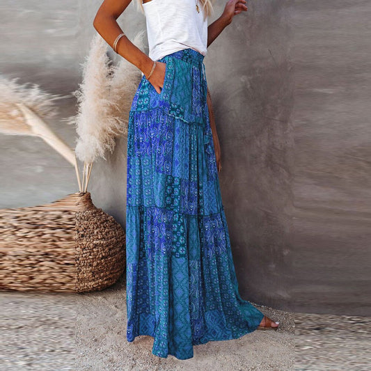 New Bohemian Skirts Casual High Waist Printing Maxi Skirts Ruffled Chic Style Holiday Skirts A-line Long Pleated Skirt