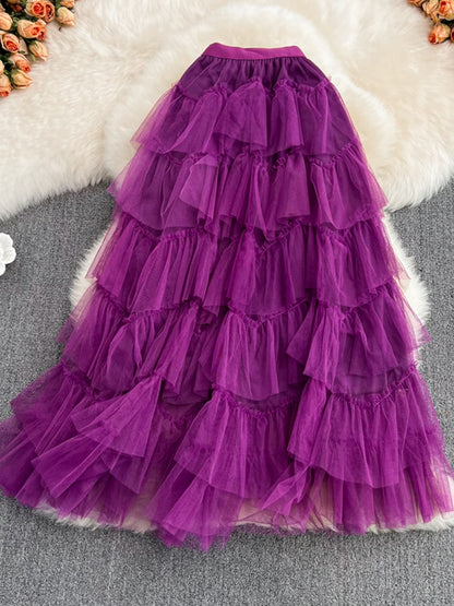 TIGENA Tutu Tulle Long Skirts Womens Spring Korean Solid A Line High Waist Mesh Tiered Maxi Skirt Female Faldas Aesthetic