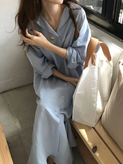 Summer Oversize White Shirts Dresses New Single Breated Casual Loose Dresses Female