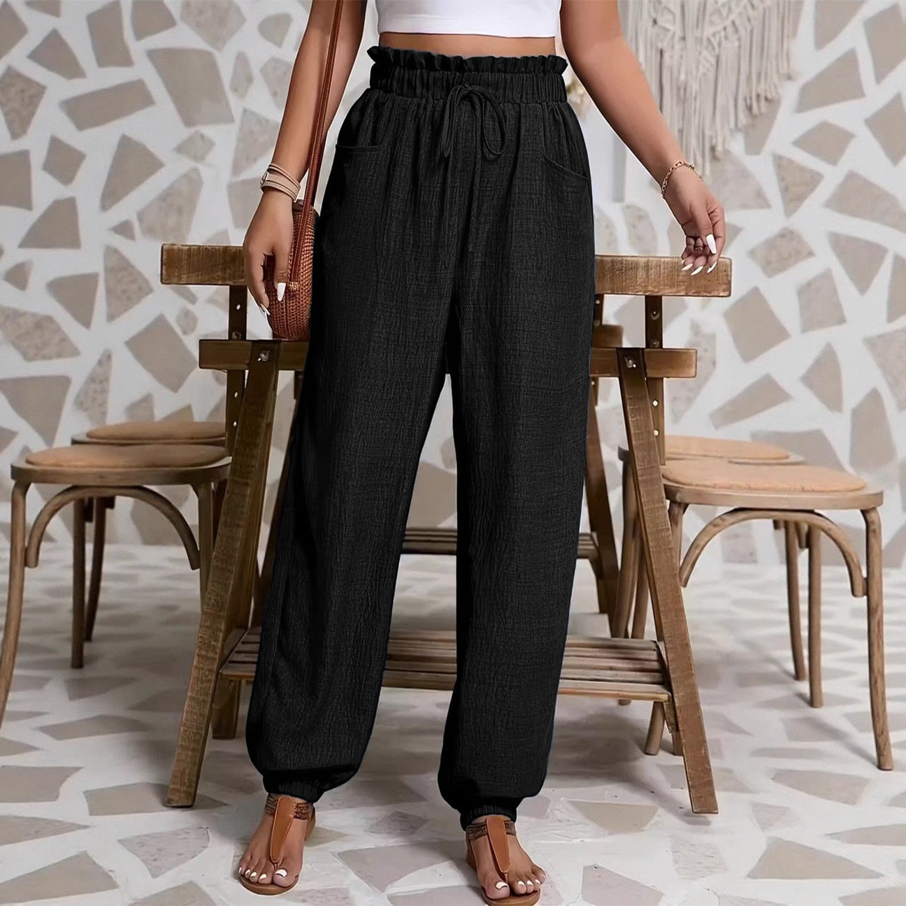Elastic solid color pants for women