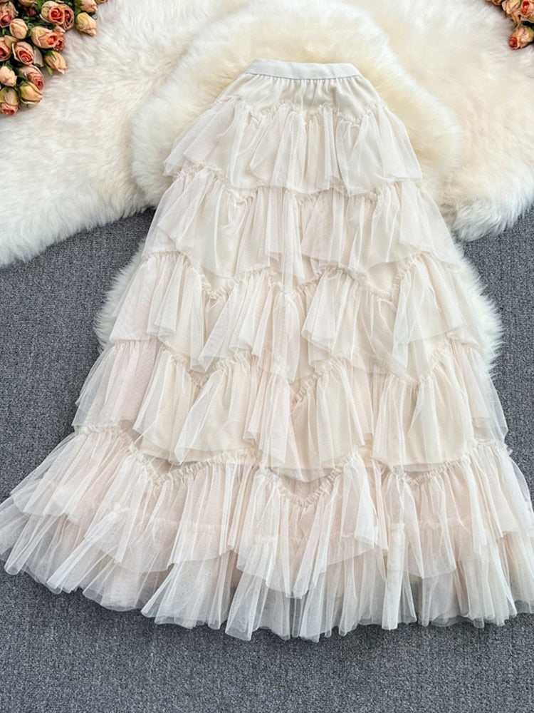 TIGENA Tutu Tulle Long Skirts Womens Spring Korean Solid A Line High Waist Mesh Tiered Maxi Skirt Female Faldas Aesthetic