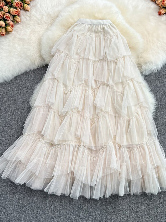 TIGENA Tutu Tulle Long Skirts Womens Spring Korean Solid A Line High Waist Mesh Tiered Maxi Skirt Female Faldas Aesthetic